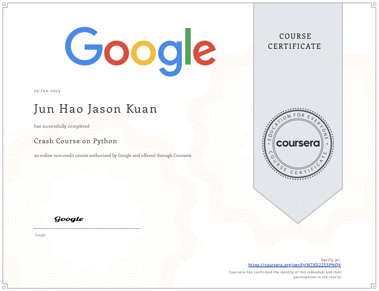 Crash Course on Python Certificate